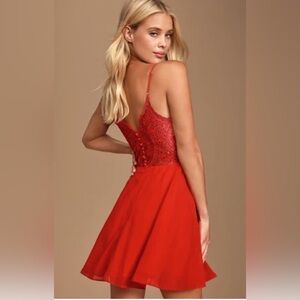 Lulus Flirting with Forever Red Lace Button Back Skater Dress 🥰❤️